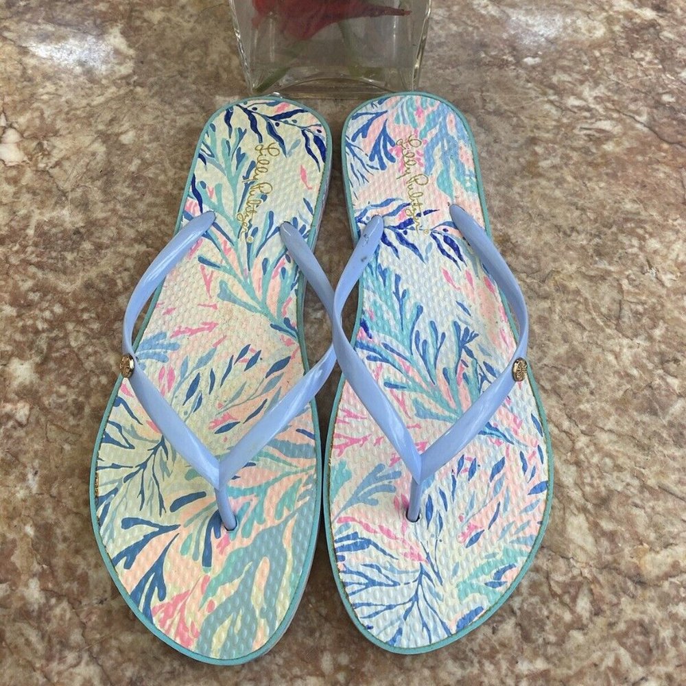 Lilly Pulitzer Women's Pool Blue Multicolor‎ Flip Flops Sandals Size 9/10